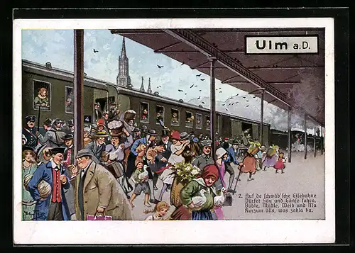 Künstler-AK Hans Boettcher: Ulm, Leute mit Schweinen, Enten, Gänse strömen aus der schwäbischen Eisenbahn