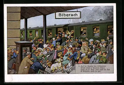 Künstler-AK Arthur Thiele: Biberach, Auf de schwäb`sche Eisebahne, Nr. 3, Bauer mit Bock am Bahnhof