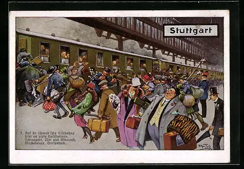Künstler-AK Arthur Thiele: Stuttgart, vollbepackte Menschen stürmen die schwäbische Eisenbahn, Gedicht