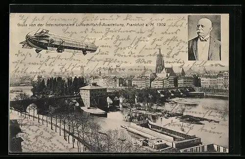 AK Frankfurt a. Main, Internationale Luftschiffahrt-Ausstellung 1909, Zeppelin und Ballon über der Stadt