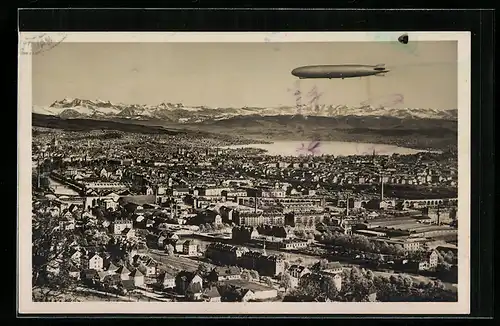 AK Zürich, Gesamtansicht, Zeppelin