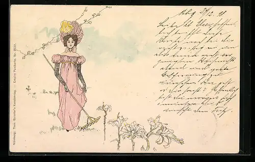 Künstler-AK Theo Stroefer Serie Nr. 5537: Dame im rosa Kleid mit Rechen, Jugendstil