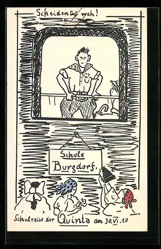 Künstler-AK Burgdorf, Scheiden tut weh!, Schulreise der Quinta, studentische Szene