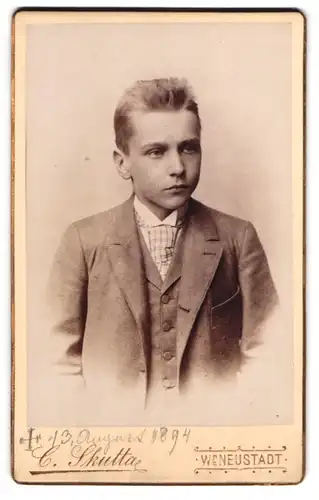 Fotografie Carl Skutta, Wiener-Neustadt, Bahngasse 27, Hübscher Knabe im Anzug mit Krawatte