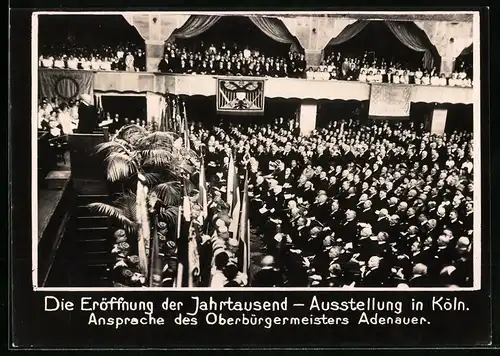 Fotografie Jahrtausend-Ausstellung Köln, Oberbürgermeister Konrad Adenauer spricht zur Eröffnung