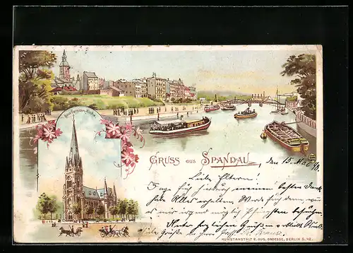 Lithographie Berlin-Spandau, Neue Garnison-Kirche, Uferpartie mit Booten, Bahnpoststempel