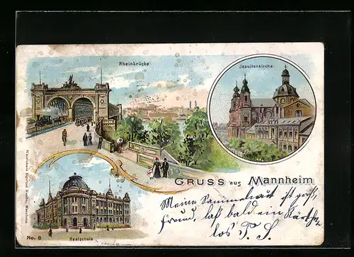 Lithographie Mannheim, Rheinbrücke, Jesuitenkirche, Realschule