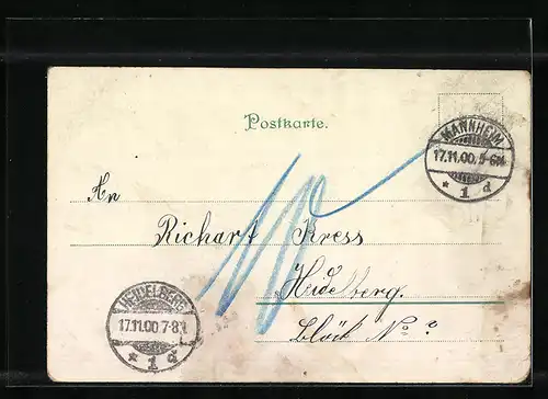 Lithographie Mannheim, Rheinbrücke, Jesuitenkirche, Realschule