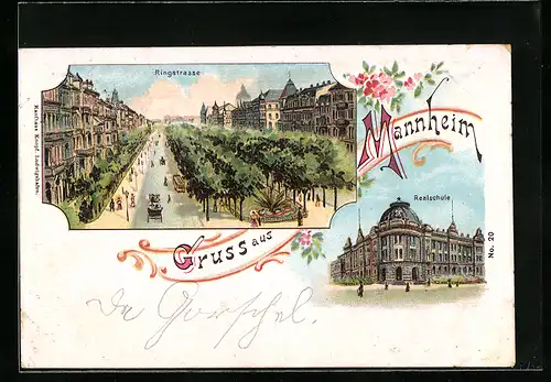 Lithographie Mannheim, Ringstrasse, Realschule