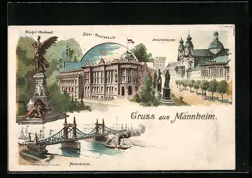 Lithographie Mannheim, Krieger-Denkmal, Neckarbrücke, Jesuitenkirche