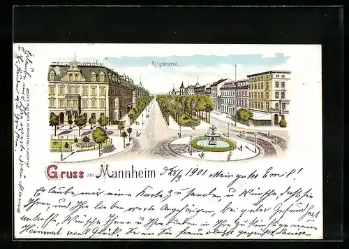 Lithographie Mannheim, Ringstrasse, Hotel National