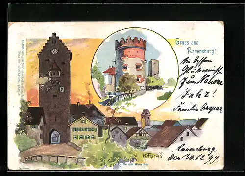 Künstler-AK Ravensburg, Partie mit Obertor, Turm