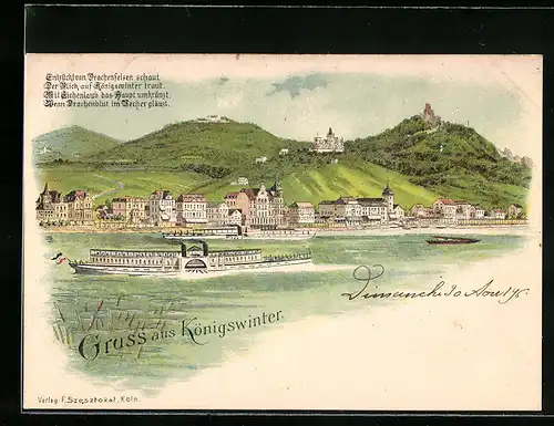 Lithographie Königswinter, Totalansicht, Dampfer vorm Ort