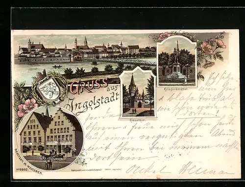 Lithographie Ingolstadt, Hotel Bären, Kriegerdenkmal, Kreuzthor