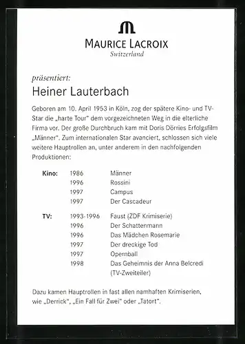 AK Schauspieler Heiner Lauterbach macht Reklame für Maurice Lacroix, mit original Autograph