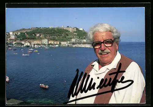 AK Isola d`Elba, Schauspieler Willy Millowitsch mit Brille und Schnurrbart, original Autograph