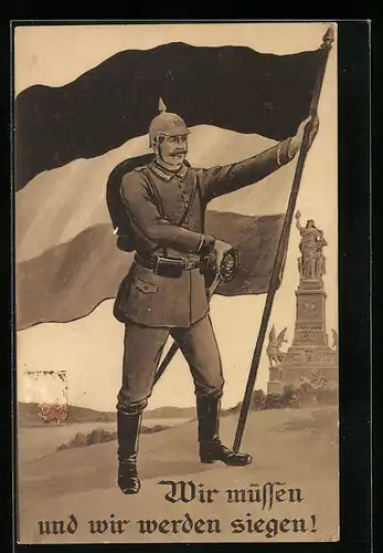 AK Soldat in Uniform mit Pickelhaube und Fahne