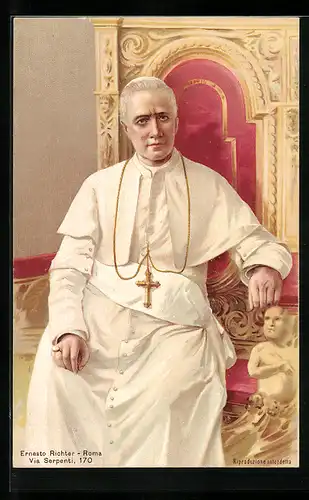 Lithographie Papst Pius X., Portrait im Sitzen