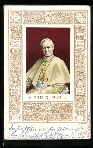 Lithographie Papst Pius X. mit Kreuzkette