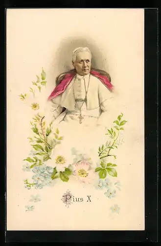 Lithographie Papst Pius X. mit Wildrosen-Motiv