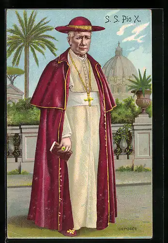 Lithographie Papst Pius X. mit Hut und Gebetsbuch