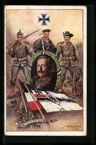 Künstler-AK Willy Stoewer: Reichskriegsflagge und Eisernes Kreuz, Kaiser Wilhelm II, Soldat der Schutztruppe