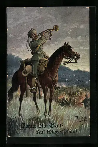 Künstler-AK Arthur Thiele: Postreiter mit Trompete zu Pferd