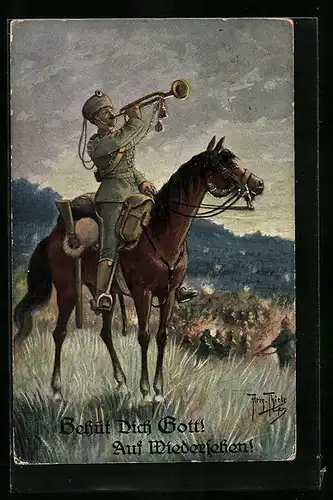 Künstler-AK Arthur Thiele: Postreiter mit Trompete zu Pferd
