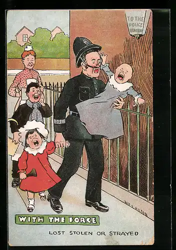 Künstler-AK with the Force, lost stolen or strayed, Polizist mit schreienden Kindern