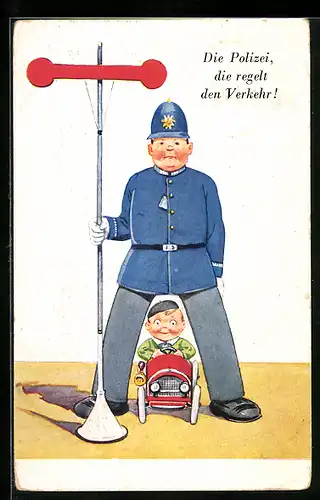 Künstler-AK Polizei, der Wachmann regelt den Verkehr, kleiner Junge fährt mit seinem Auto