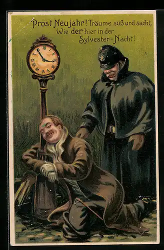 Künstler-AK Prosit Neujahr, Betrunkener mit Polizist