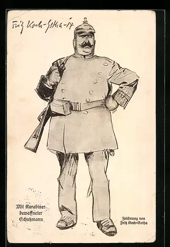 Künstler-AK Mit Karabiner bewaffneter Schutzmann in Uniform