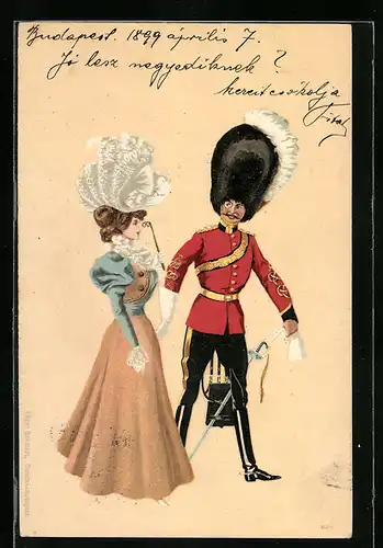 AK Mann in roter Uniformjacke und Frau im Kleid mit ausladendem Hut