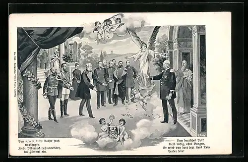 AK Kaiser Wilhelm I. mit Gefolgsleuten, Otto von Bismarck steigt in den Himmel auf
