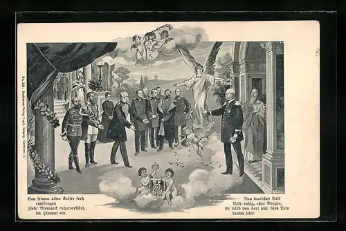AK Kaiser Wilhelm I. mit Gefolgsleuten, Otto von Bismarck steigt in den Himmel auf