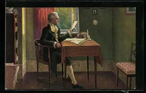 AK Goethe an seinem Schreibtisch sitzend mit einem Brief
