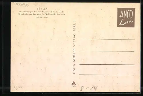 AK Berlin, Brandenburger Tor mit Mauer und Stacheldraht