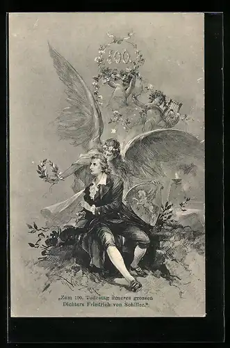 AK Engel mit Wappen beschützt Friedrich von Schiller, 100. Todestag des Dichters