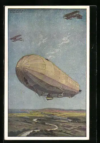 Künstler-AK Hans Rudolf Schulze: Militärluftkreuzer Hansa im Kampf mit feindlichen Flugzeugen