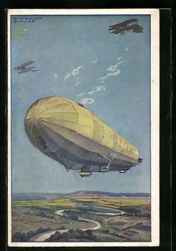 Künstler-AK Hans Rudolf Schulze: Militärluftkreuzer Hansa im Kampf mit feindlichen Flugzeugen