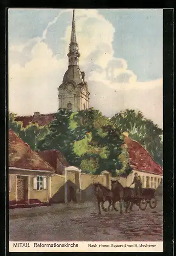 Künstler-AK Mitau, Strasse an der Reformationskirche