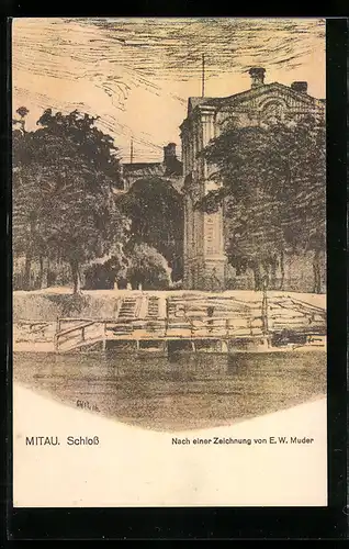 Künstler-AK Mitau, Partie am Schloss