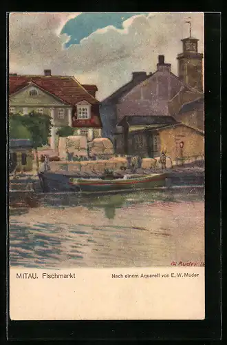 Künstler-AK Mitau, Boote am Fischmarkt