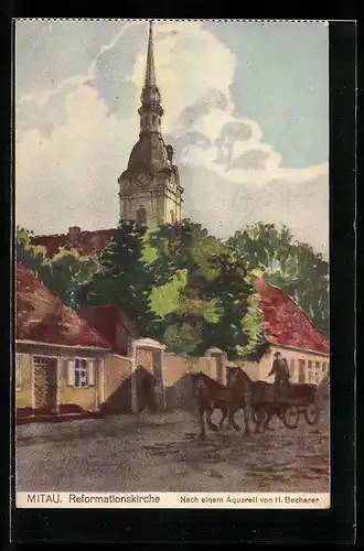 Künstler-AK Mitau, Strasse an der Reformationskirche