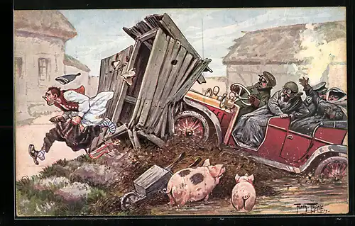 Künstler-AK A. Thiele: Die unterbrochene Sitzung, Auto fährt in Toilettenhäuschen, Mann flüchtet aus diesem