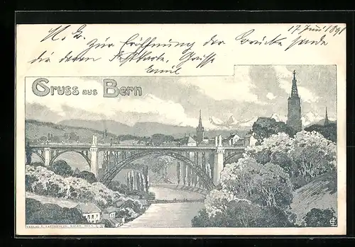 AK Bern, Brücke mit Ortspartie