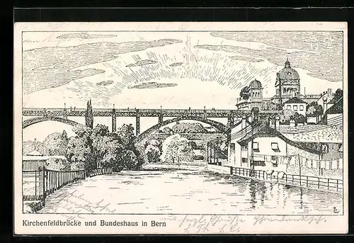 Künstler-AK Emil Lauterburg: Bern, Kirchenfeldbrücke und Bundeshaus