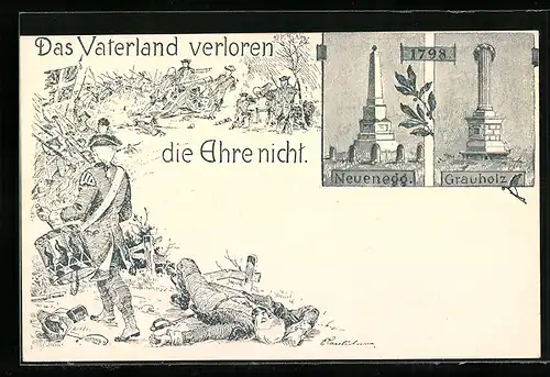 Künstler-AK Emil Lauterburg: Neuenegg, Das Vaterland verloren, die Ehre nicht, Kriegerdenkmäler 1798