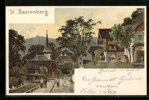 Lithographie St. Beatenberg, Strassenpartie im Dorf