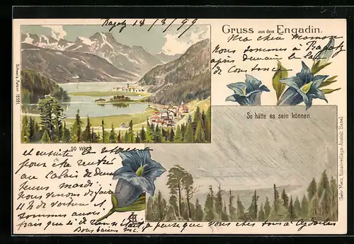 Lithographie Silvaplana, Ortsansicht bei strahlendem Sonnenschein und bei Regen